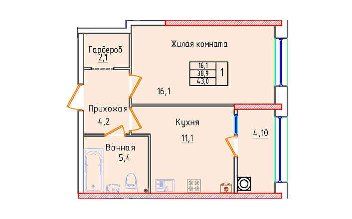 Однокомнатная квартира 43