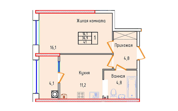 Однокомнатная квартира 41