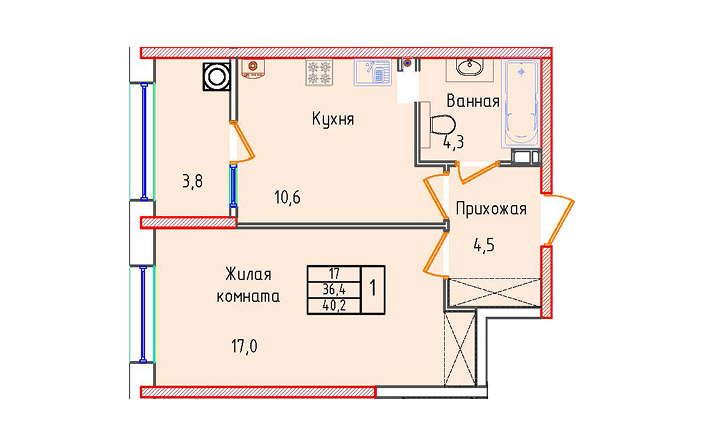 Однокомнатная квартира 40.2