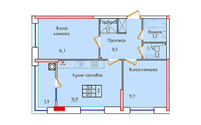 Двухкомнатная квартира 61.3