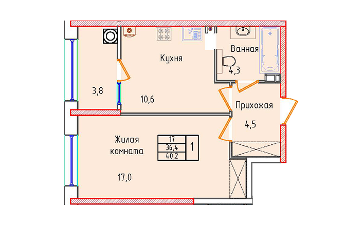 Однокомнатная квартира 40.2