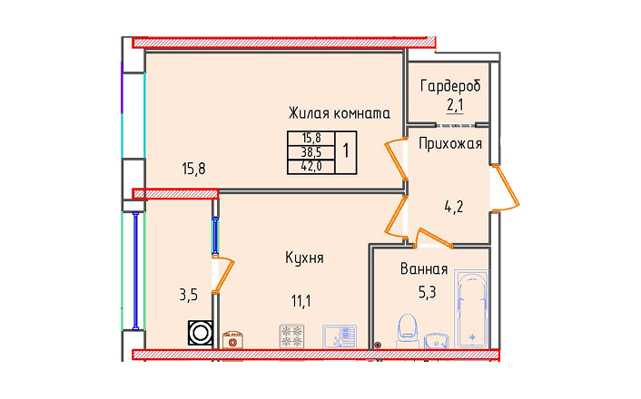 Однокомнатная квартира 42.0