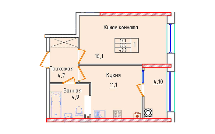 Однокомнатная квартира 40.9