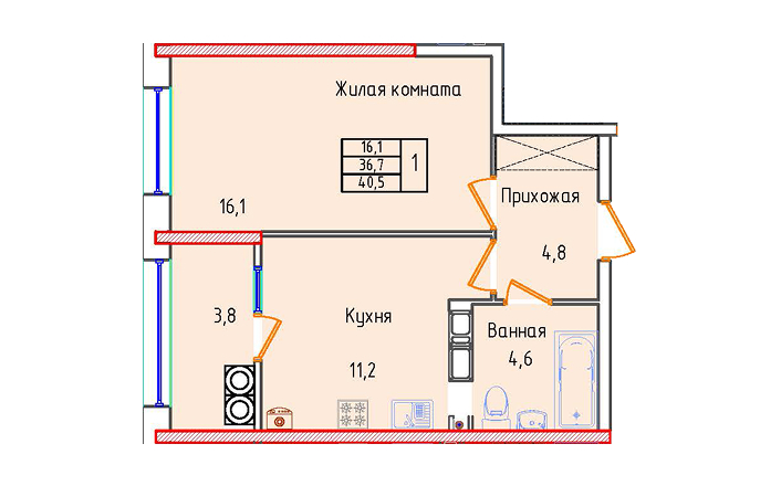 Однокомнатная квартира 40.5