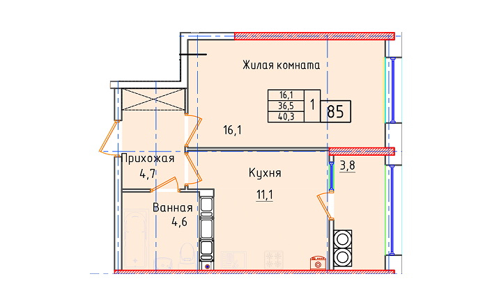 Однокомнатная квартира 40.3